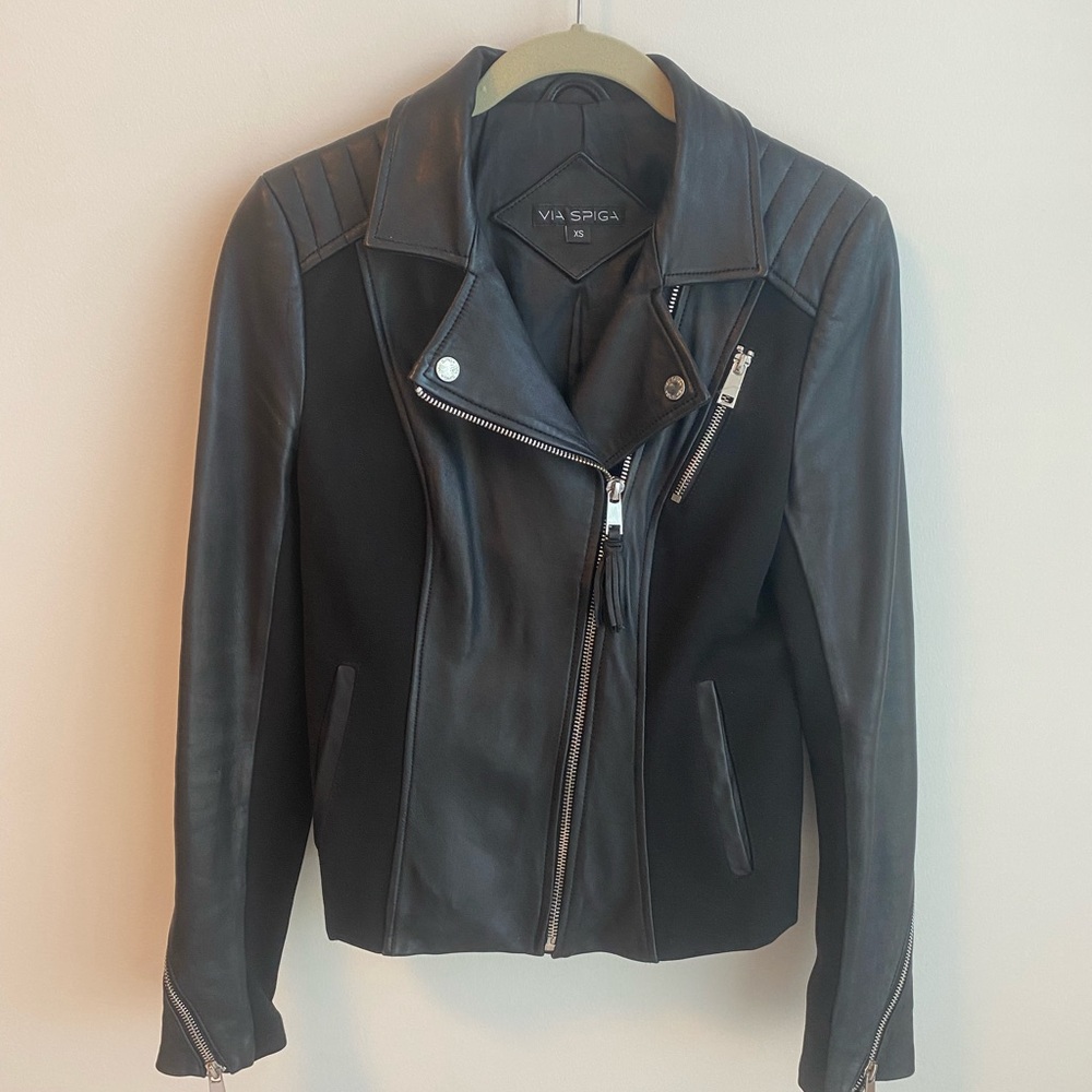 Via Spiga, Leather Jacket, Size X-Small, Black
